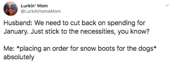 document - Lurkin' Mom Mom Husband We need to cut back on spending for January. Just stick to the necessities, you know? Me placing an order for snow boots for the dogs absolutely