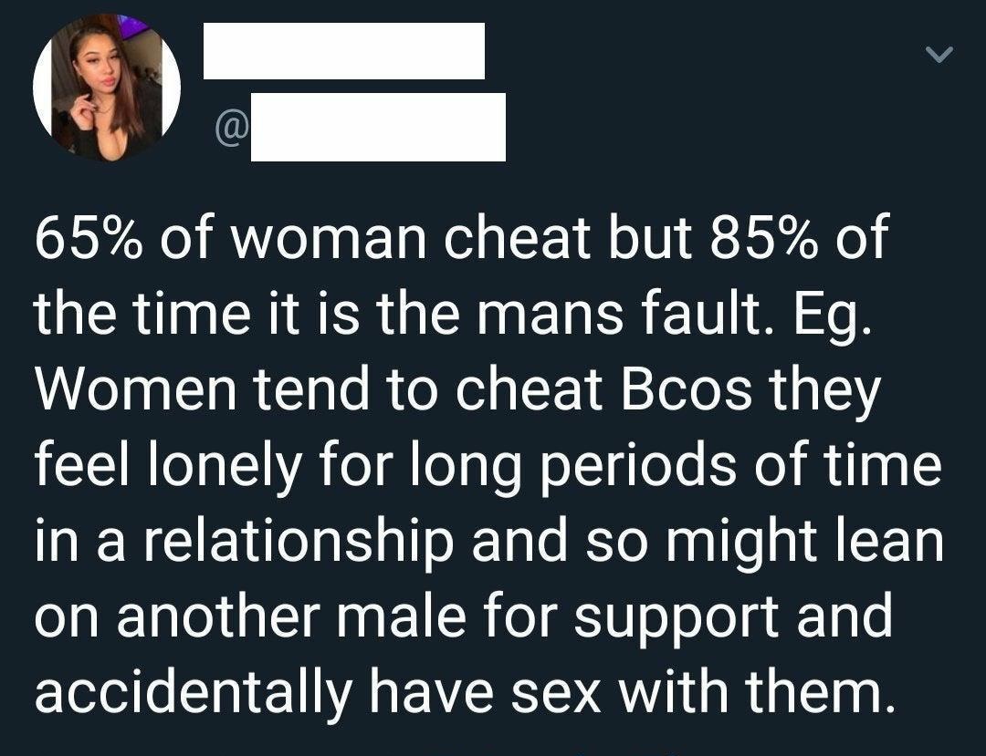 lyrics - 65% of woman cheat but 85% of the time it is the mans fault. Eg. Women tend to cheat Bcos they feel lonely for long periods of time in a relationship and so might lean on another male for support and accidentally have sex with them.