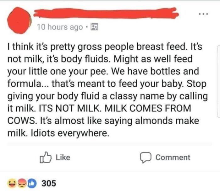 dumbest people on the internet - 10 hours ago I think it's pretty gross people breast feed. It's not milk, it's body fluids. Might as well feed your little one your pee. We have bottles and formula... that's meant to feed your baby. Stop giving your body 