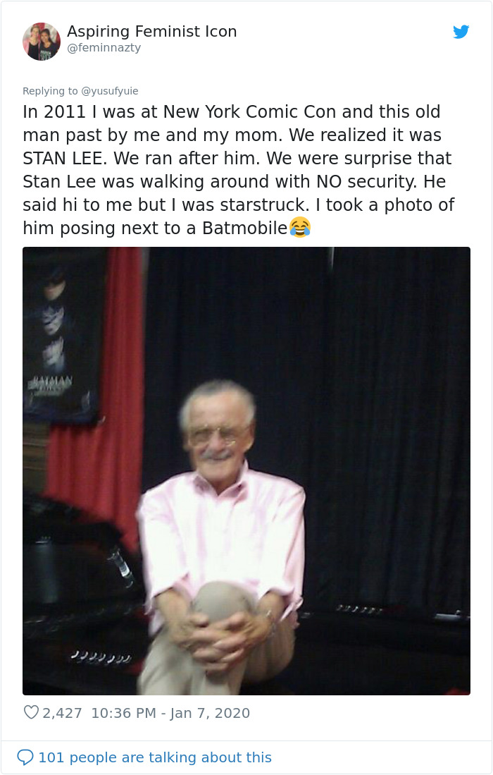 presentation - Aspiring Feminist Icon In 2011 | was at New York Comic Con and this old man past by me and my mom. We realized it was Stan Lee. We ran after him. We were surprise that Stan Lee was walking around with No security. He said hi to me but I was