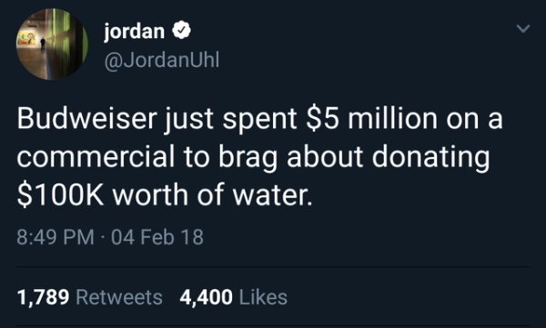 depressed twitter quotes - jordan Budweiser just spent $5 million on a commercial to brag about donating $ worth of water. 04 Feb 18 1,789 4,400