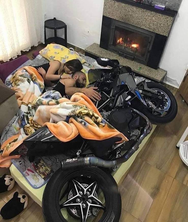 sleeping with motorcycle in bed