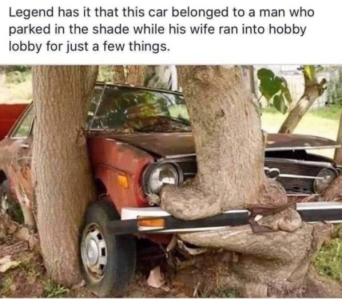 legend has it that a man parked his car - Legend has it that this car belonged to a man who parked in the shade while his wife ran into hobby lobby for just a few things.
