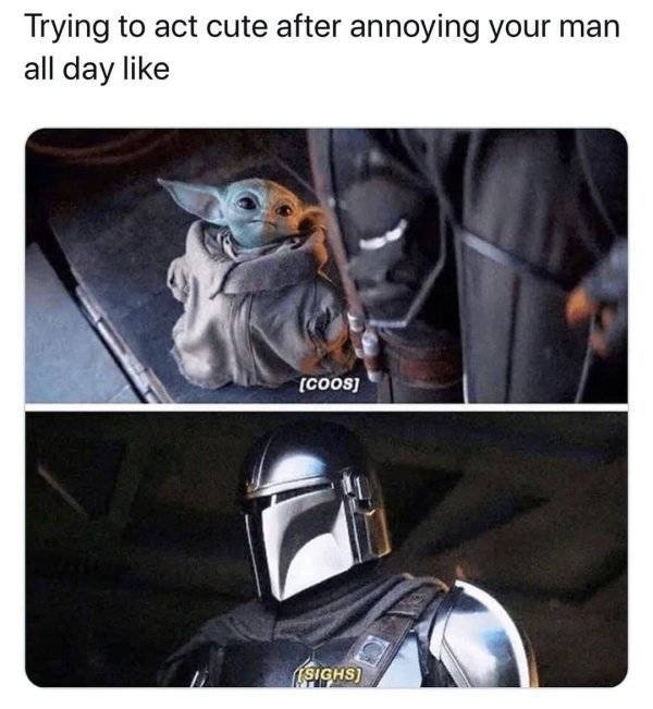 mandalorian memes - Trying to act cute after annoying your man all day Coos Sighs