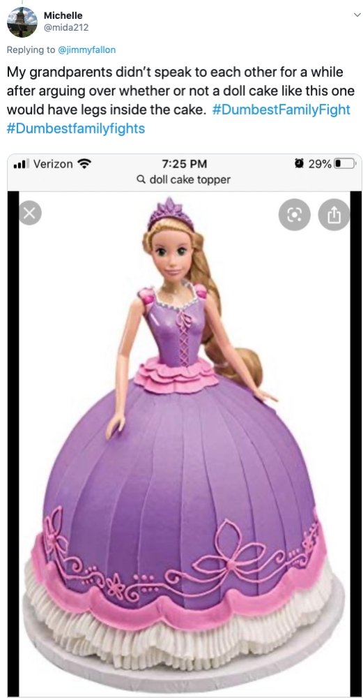 disney princess doll cake - Michelle My grandparents didn't speak to each other for a while after arguing over whether or not a doll cake this one would have legs inside the cake. ..1 Verizon 29% 0 a doll cake topper