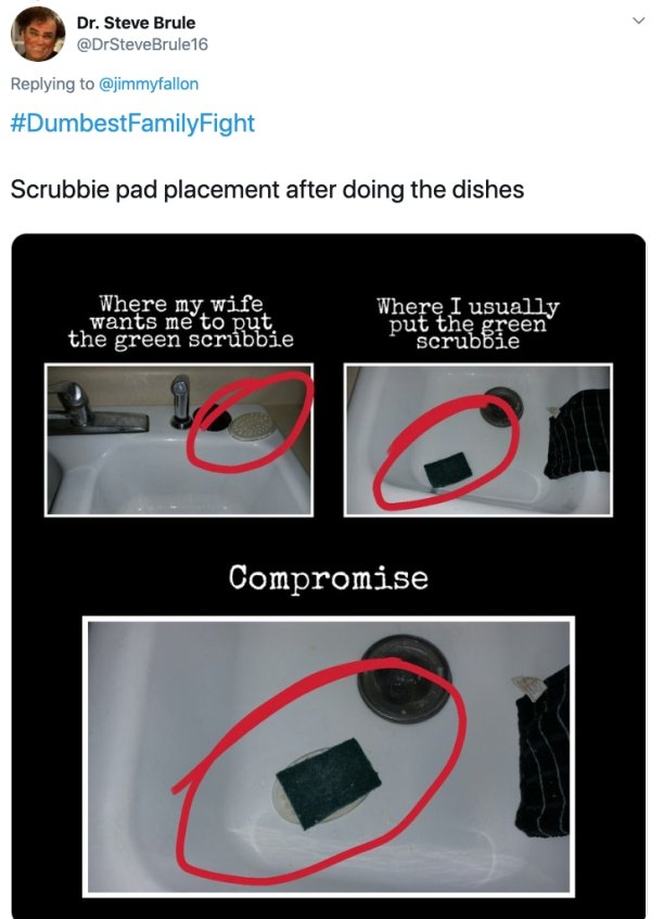 electronics accessory - Dr. Steve Brule 16 Scrubbie pad placement after doing the dishes Where my wife wants me to put the green scrubbie Where I usually put the green scrubbie Compromise