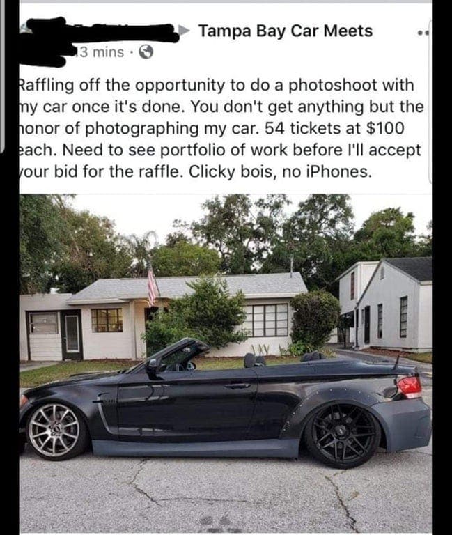 personal luxury car - Tampa Bay Car Meets 3 mins Raffling off the opportunity to do a photoshoot with my car once it's done. You don't get anything but the honor of photographing my car. 54 tickets at $100 each. Need to see portfolio of work before I'll a