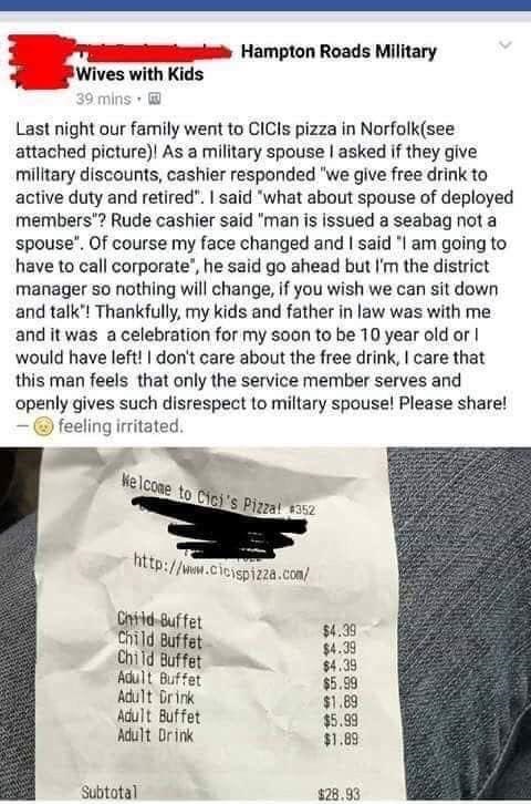hampton roads memes - Hampton Roads Military Wives with Kids 39 mins. Last night our family went to CICis pizza in Norfolksee attached picture As a military spouse I asked if they give military discounts, cashier responded "we give free drink to active du