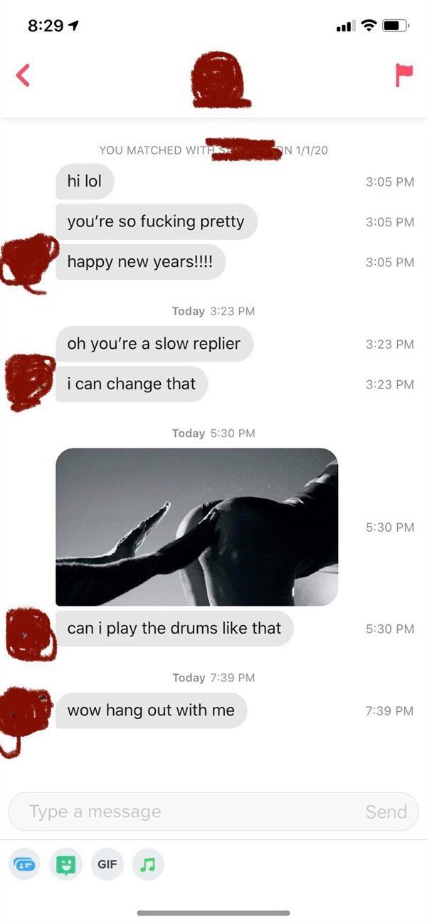 website - 1 You Matched With I N 1120 hi lol you're so fucking pretty happy new years!!!! Today oh you're a slow replier i can change that Today can i play the drums that Today wow hang out with me Type a message Send GIFs