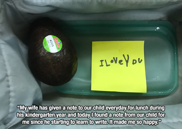 photo caption - Deep I Love You My wife has given a note to our child everyday for lunch during his kindergarten year and today I found a note from our child for me since he starting to learn to write. It made me so happy."