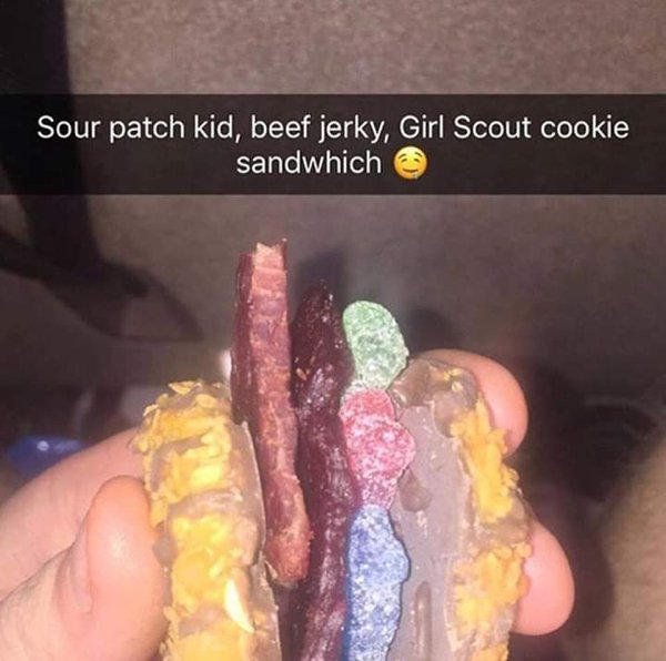 nail - Sour patch kid, beef jerky, Girl Scout cookie sandwhich