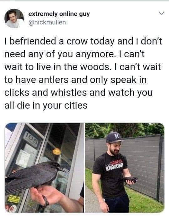 druid dnd memes - extremely online guy I befriended a crow today and i don't need any of you anymore. I can't wait to live in the woods. I can't wait to have antlers and only speak in clicks and whistles and watch you all die in your cities Hoca
