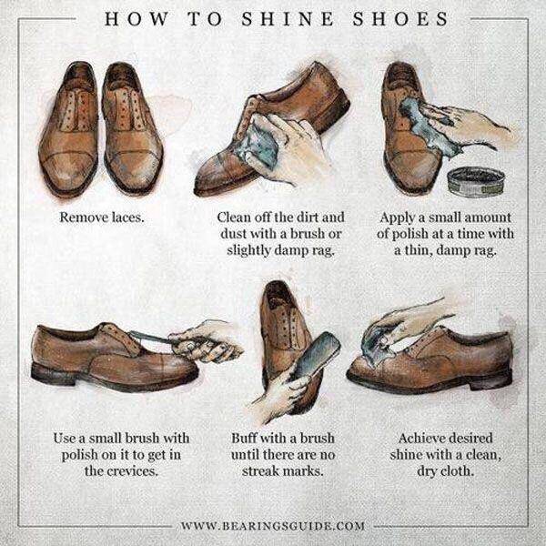 polish shoes - How To Shine Shoes Remove laces. Clean off the dirt and dust with a brush or slightly damp rag. Apply a small amount of polish at a time with a thin, damp rag. Use a small brush with polish on it to get in the crevices. Buff with a brush un