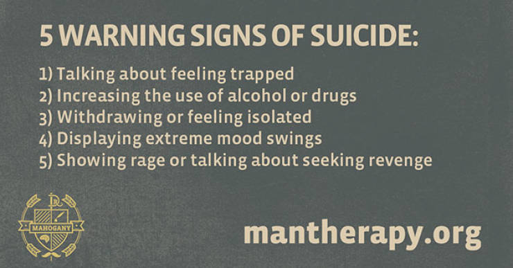 5 Warning Signs Of Suicide 1 Talking about feeling trapped 2 Increasing the use of alcohol or drugs 3 Withdrawing or feeling isolated 4 Displaying extreme mood swings 5 Showing rage or talking about seeking revenge Wa 2 Marogany mantherapy.org
