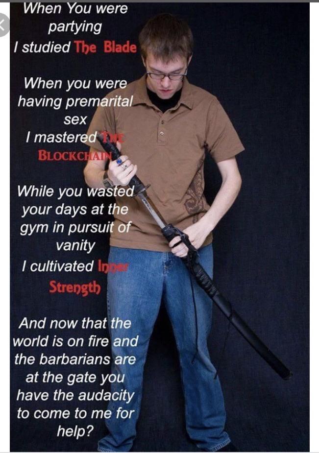 microphone - When you were partying I studied The Blade When you were having premarital sex I mastered Blockchai While you wasted your days at the gym in pursuit of vanity I cultivated In Strength And now that the world is on fire and the barbarians are a