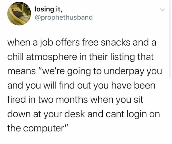 quotes - losing it, when a job offers free snacks and a chill atmosphere in their listing that means "we're going to underpay you and you will find out you have been fired in two months when you sit down at your desk and cant login on the computer"