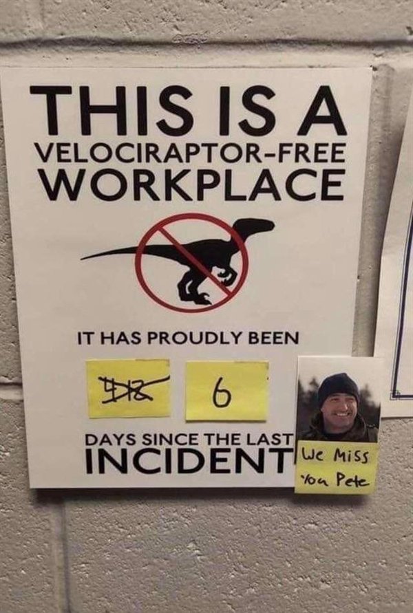 velociraptor free workplace - This Is A VelociraptorFree Workplace It Has Proudly Been 18 Days Since The Last Incident We Miss You Pete