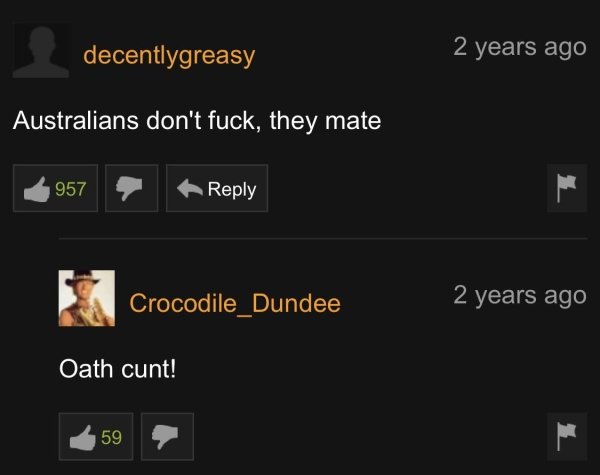 screenshot - decentlygreasy 2 years ago Australians don't fuck, they mate 957 Crocodile Dundee 2 years ago Oath cunt! 59