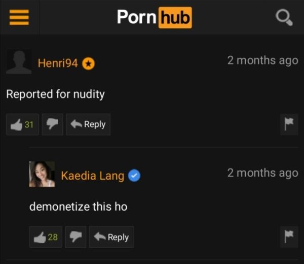 screenshot - Porn hub Henri94 2 months ago Reported for nudity 231 2 Kaedia Lang 2 months ago demonetize this ho 28