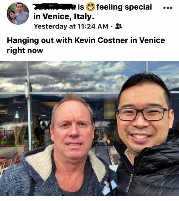 photo caption - his feeling special ... in Venice, Italy. Yesterday at Hanging out with Kevin Costner in Venice right now