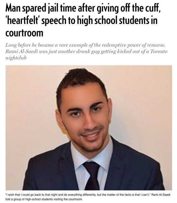 photo caption - Man spared jail time after giving off the cuff, 'heartfelt speech to high school students in courtroom Long before he became a rare example of the redemptive power of remorse, Rami AlSaedi was just another drunk guy getting kicked out of a