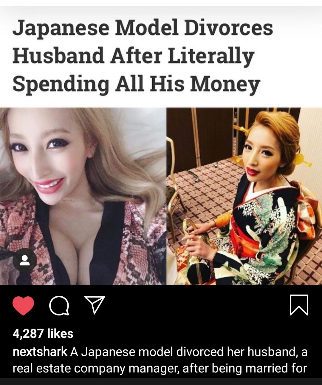 photo caption - Japanese Model Divorces Husband After Literally Spending All His Money Q 4,287 nextshark A Japanese model divorced her husband, a real estate company manager, after being married for