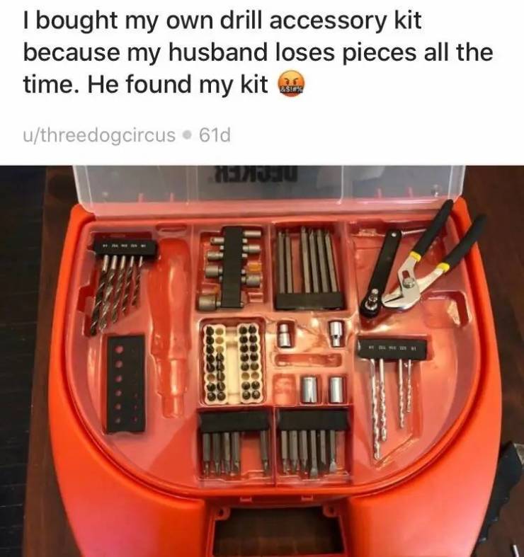 orange - I bought my own drill accessory kit because my husband loses pieces all the time. He found my kit uthreedogcircus 61d