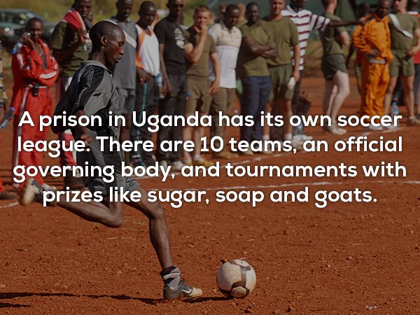 competition event - A prison in Uganda has its own soccer league. There are 10 teams, an official governing body, and tournaments with prizes sugar, soap and goats.