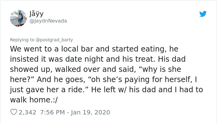 Femi Fani-Kayode - Nevada We went to a local bar and started eating, he insisted it was date night and his treat. His dad showed up, walked over and said, "why is she here?" And he goes, "oh she's paying for herself, I just gave her a ride." He left w his