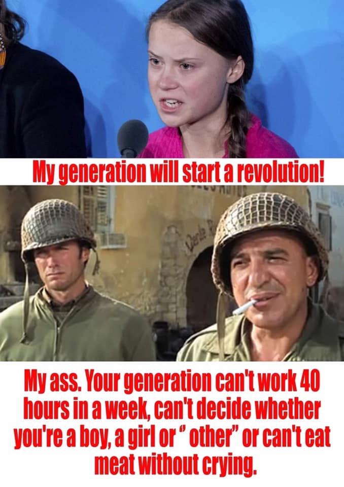 my generation will start a revolution meme - My generation will start a revolution! My ass. Your generation can't work 40 hours in a week, can't decide whether you're a boy, a girl or "other" or can't eat meat without crying.