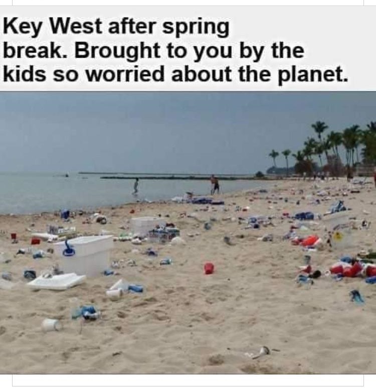 people being ass holes - Key West after spring break. Brought to you by the kids so worried about the planet.