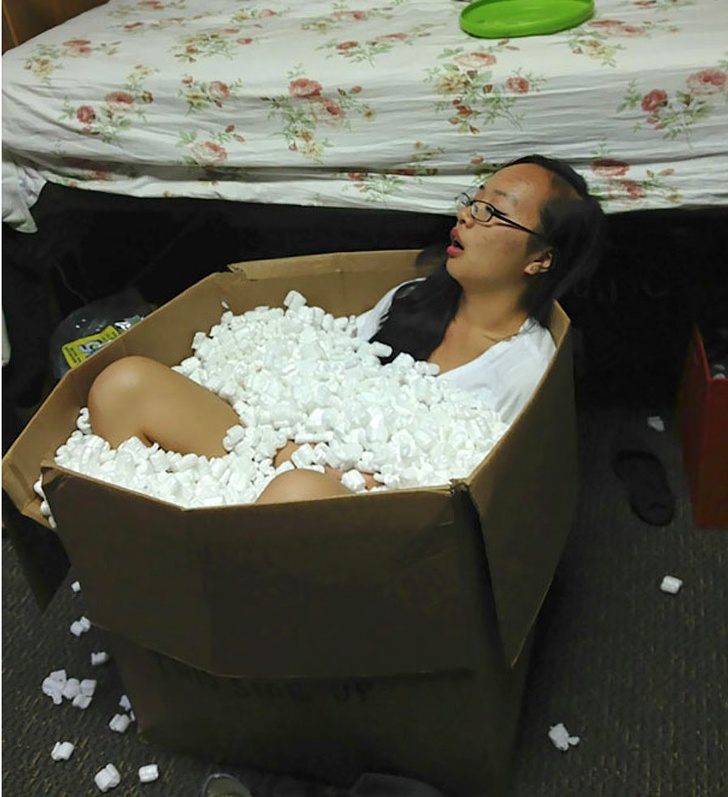 “I woke up at 2 AM to find my roommate passed out in a box of packaging peanuts.”