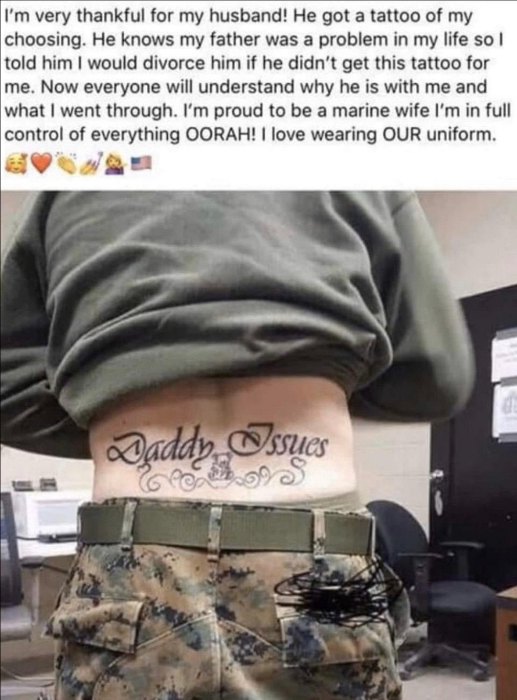 usmc 1833 tattoo - I'm very thankful for my husband! He got a tattoo of my choosing. He knows my father was a problem in my life so I told him I would divorce him if he didn't get this tattoo for me. Now everyone will understand why he is with me and what