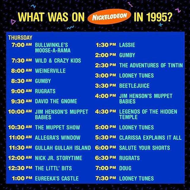 nickelodeon in 1995 - > What Was On Nickelodeon In 1995? Thursday Bullwinkle'S Lassie MooseARama Gumby Wild & Crazy Kids The Adventures Of Tintin Weinerville Looney Tunes Gumby Beetlejuice Rugrats Jim Henson'S Muppet David The Gnome Babies Jim Henson'S Mu