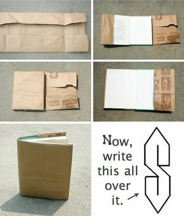 paper bag book cover - Now, write this all over over it.