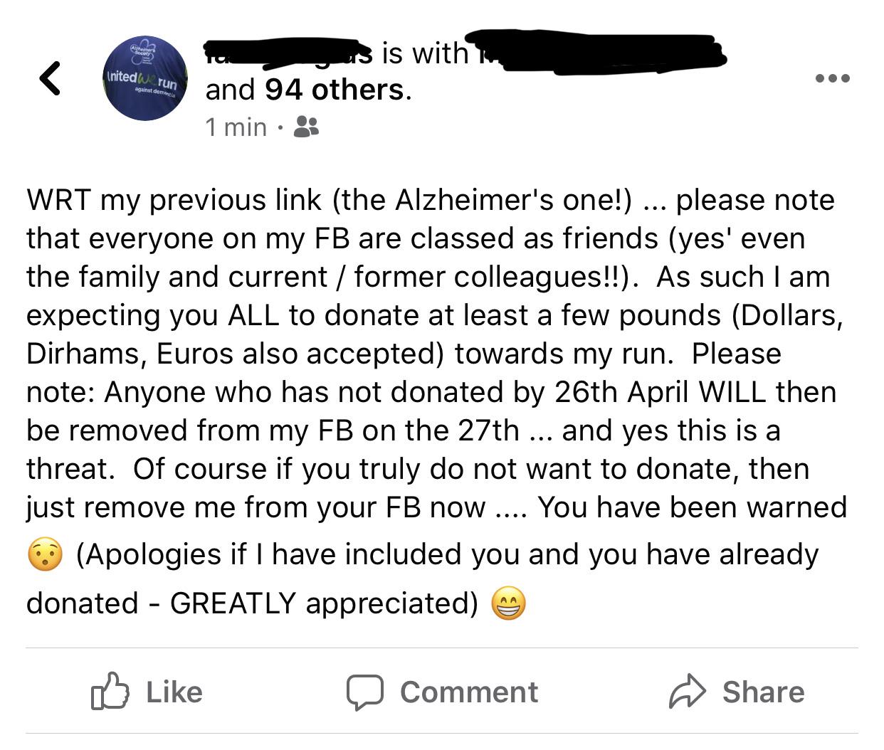 angle - Inited run against dementia us is with and 94 others. 1 min Wrt my previous link the Alzheimer's one! ... please note that everyone on my Fb are classed as friends yes' even the family and current former colleagues!!. As such I am expecting you Al
