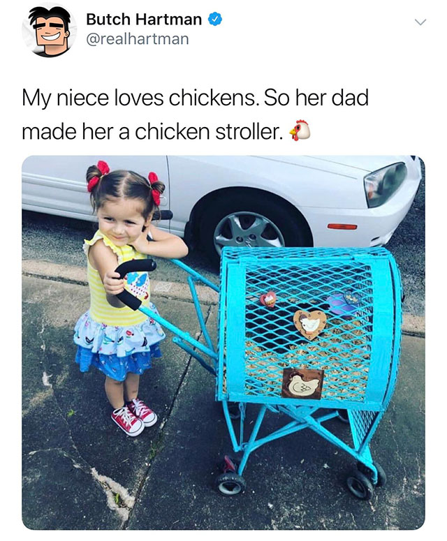 chicken stroller - Butch Hartman My niece loves chickens. So her dad made her a chicken stroller.