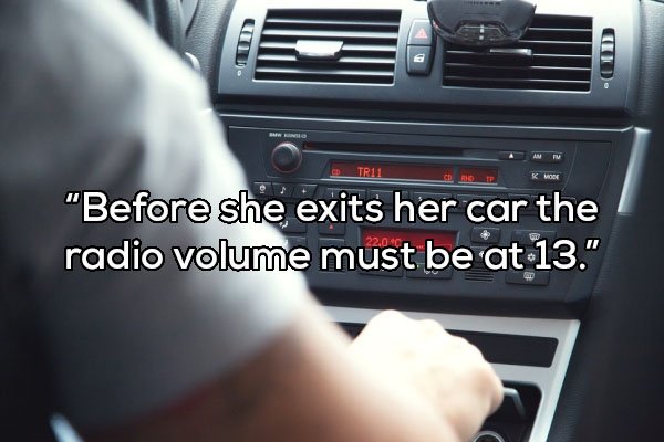 TR11 TR11 "Before she exits her car the radio volume must be at 13."