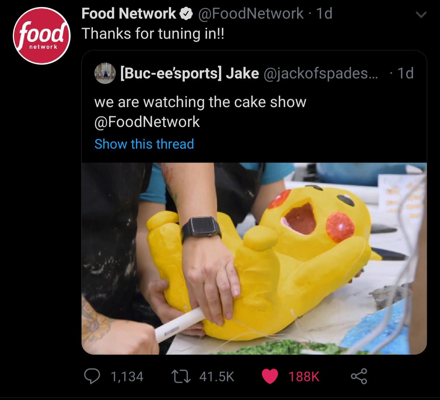 food network - Food Network . 1d food Thanks for tuning in!! network Bucee'sports Jake ....10 we are watching the cake show Show this thread 1,134 22