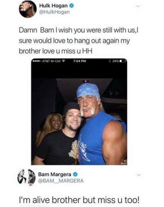 hulk hogan bam margera tweet - Hulk Hogan Hogan Damn Bam I wish you were still with us, sure would love to hang out again my brother love u miss u Hh ... At&T MCell 34% Bam Margera I'm alive brother but miss u too!
