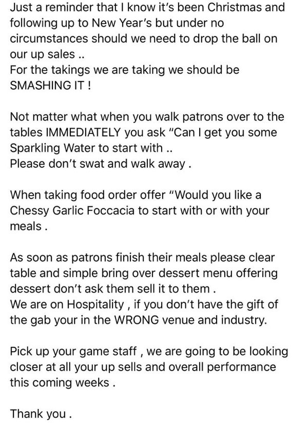 Mathieu Brossard - Just a reminder that I know it's been Christmas and ing up to New Year's but under no circumstances should we need to drop the ball on our up sales .. For the takings we are taking we should be Smashing It! Not matter what when you walk