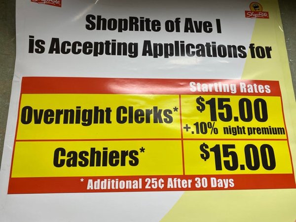 banner - ShopRite of Avel is Accepting Applications for Starting Rates .10% night premium Overnight Clerks $15.00 Cashiers $15.00 Additional 25C After 30 Days