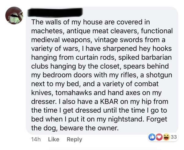 document - The walls of my house are covered in machetes, antique meat cleavers, functional medieval weapons, vintage swords from a variety of wars, I have sharpened hey hooks hanging from curtain rods, spiked barbarian clubs hanging by the closet, spears
