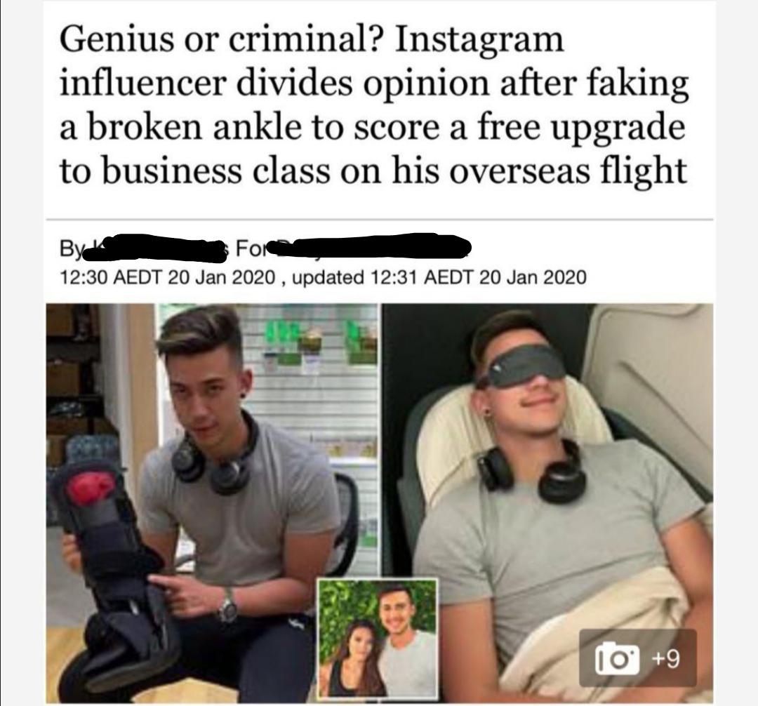 photo caption - Genius or criminal? Instagram influencer divides opinion after faking a broken ankle to score a free upgrade to business class on his overseas flight Force Aedt , updated Aedt 10 9