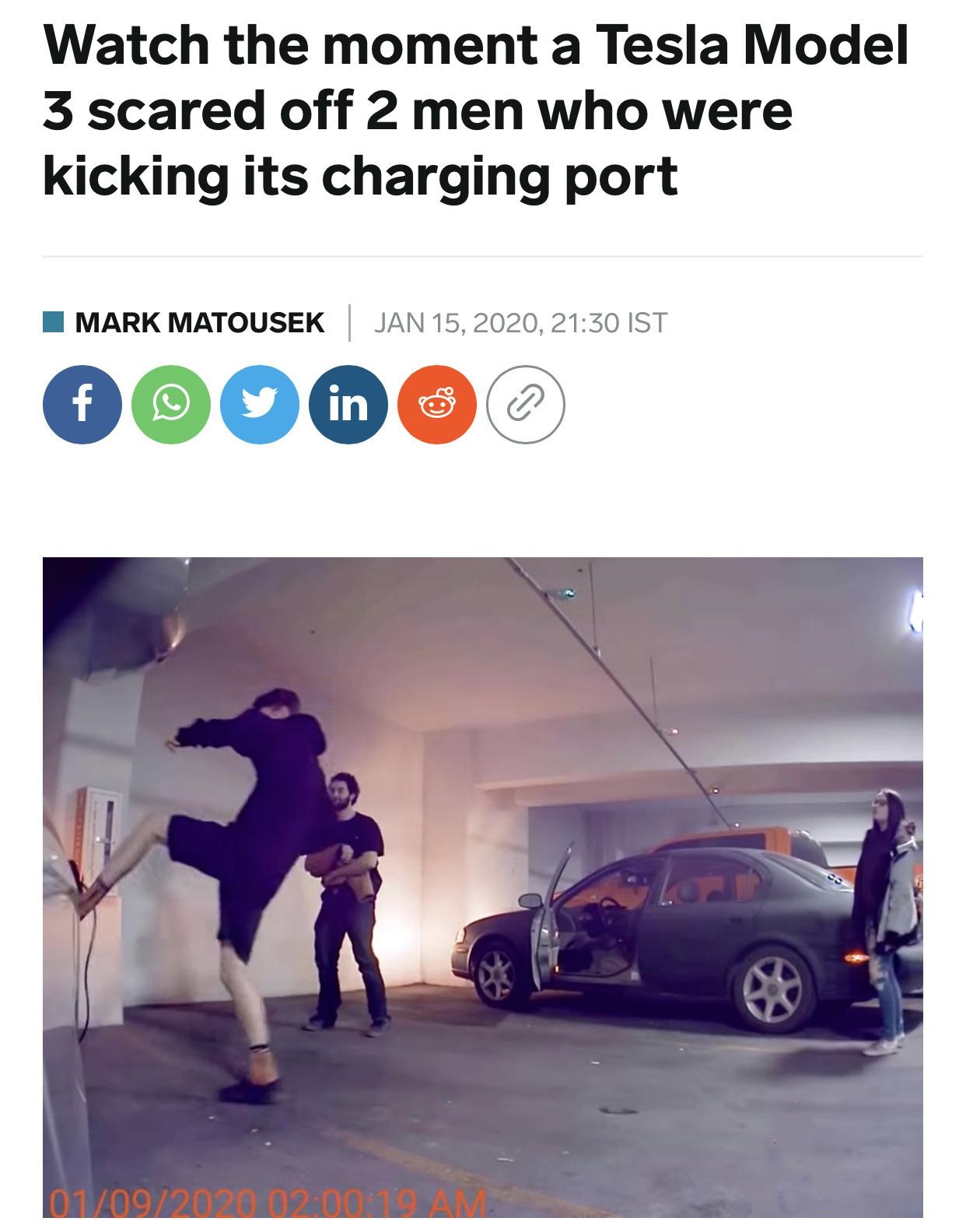 Tesla Model 3 - Watch the moment a Tesla Model 3 scared off 2 men who were kicking its charging port Mark Matousek | , Ist 01092020.