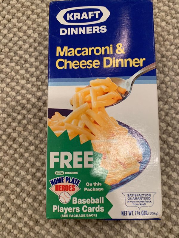kraft dinner 1987 - Kraft Dinners Macaroni & Cheese Dinner Free Giraft Dinners Me Plate on this Heroes Package Baseball Players Cards Satisfaction Guaranteed or your money back from Natt Net Wt. 744 Ozs.C2068 See Package Back