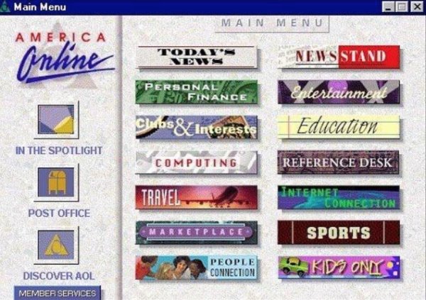 aol 1990s - Main Menu Main Menu Americ Anhne Todays Personal Diri Finance News Stand Entertainment Education Clubs & Interests In The Spotlight Computing Reference Desk Travel Interneonnection Post Office Marketplace Sports People Connection Kidoni Discov