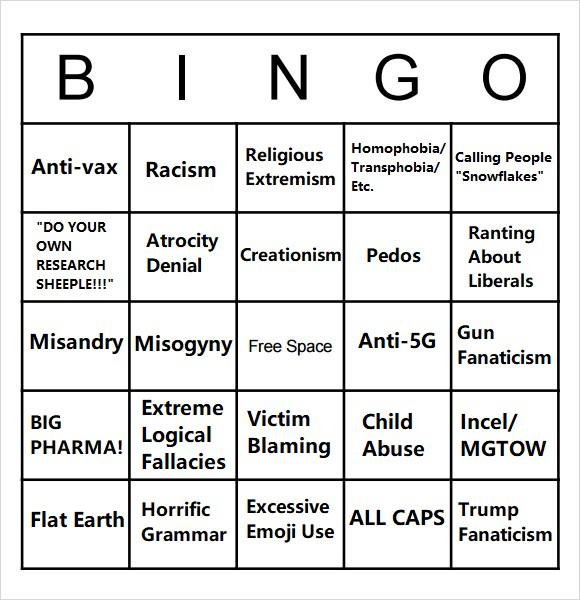 number - B Ng Antivax Racism Religious Extremism Homophobiac Calling People Transphobia "Snowflakes" Etc. "Do Your Own Research Sheeple!!!" Atrocity Denial Creationism Pedos Ranting About Liberals Misandry Misogynyl Free Space Anti5G Gun Fanaticism Big Ph