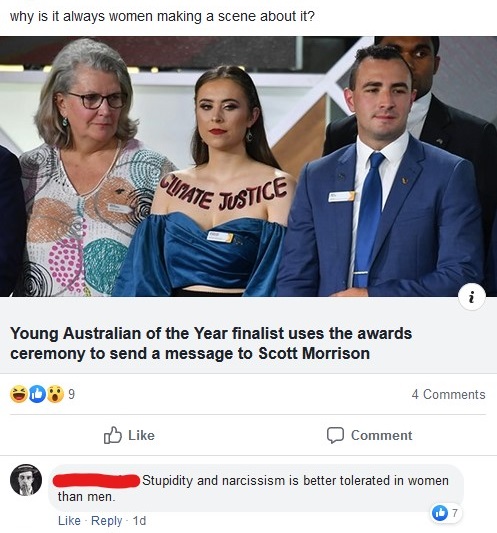 Australian of the Year Awards - why is it always women making a scene about it? Umate Justice Young Australian of the Year finalist uses the awards ceremony to send a message to Scott Morrison 309 4 Comment Stupidity and narcissism is better tolerated in 