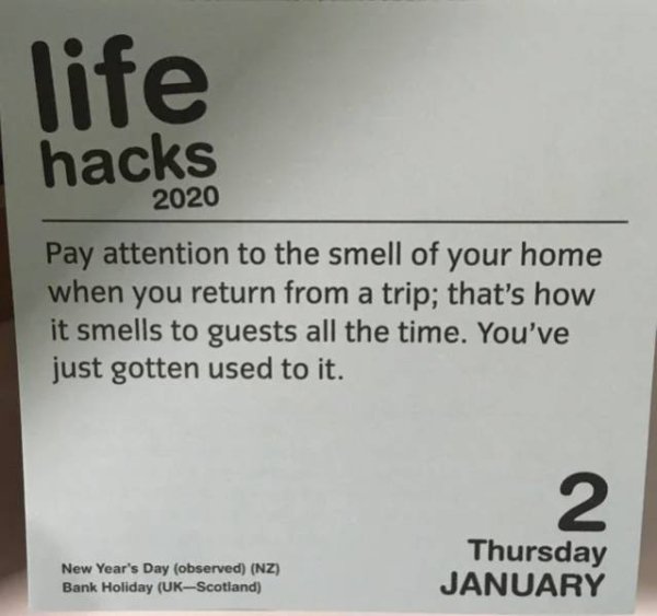 life hacks 2020 Pay attention to the smell of your home when you return from a trip; that's how it smells to guests all the time. You've just gotten used to it. New Year's Day observed Nz Bank Holiday UkScotland Thursday January